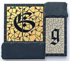 "G is for..." - 32cm x 28cm.  Slate, Gold Mirror, Ceramic tile & Stained Glass.